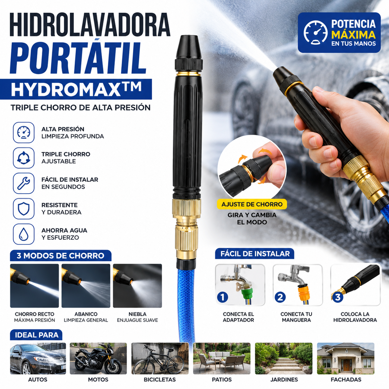 Hidrolavadora Portátil HydroMax™ | Triple Chorro de Alta Presión