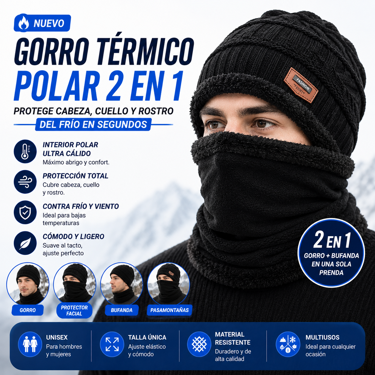 Gorro Térmico Negro Polar 2 en 1